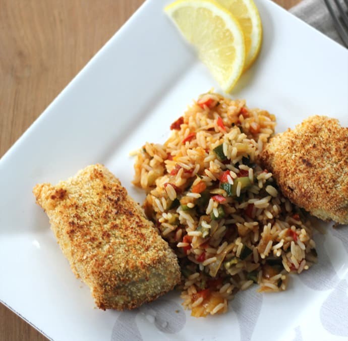 Poisson pané maison, riz aux légumes