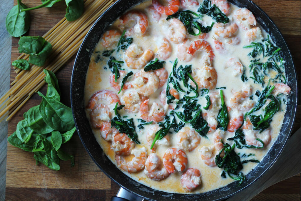 Pâtes aux crevettes à l'ail et épinards Délizioso